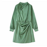 Height Collar Mini Dress Women Solid Fold Long Sleeve Short Skirts 2022 Autumn Casual Female Soft Party