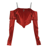 Velvet Gothic Sexy Off Shoulder T-shirts Grunge Elegant Long Sleeve Women Cropped Tops Backless Strap