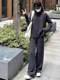 Fashion Knitted Two Piece Sets Solid Long Sleeve O-Neck Split Pullover And Straight Pants Suit Women Casual Loose