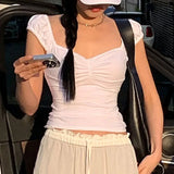 Girl Wrinkled Waist Show Thin Lace Collar T-Shirt Summer All-Color Simple Knitted Short-Sleeved Blouse-Outfit