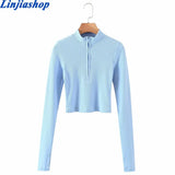 elegant high neck zipper front knitted sweater women solid basic cropped pullover fashion clothing