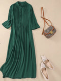 Women's Dress Fashion Literary Retro Organ Pleated Linen Mid-sleeve Stand Collar Thin Section Solid Color Women's