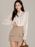 Autumn 2 Piece Outfit Elegant Women Casual Lace See Through Tops Shirt Blouse Femme High Waist Mini Skirt Mujer Slim