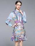 Spring Women Ruffle Bow Tie Mini Dress Ladies Long Sleeve Flower Print Runway Dress Vintage Casual Party Dress