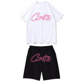 Devil Island Rose Red Letter Printed Short-Sleeved T-Shirt Casual Shorts Set For Men And Women-Outfit