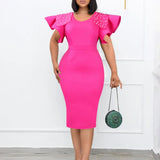 Women's Clothing 2025 New Round-Neck Lotus Leaf Sleeves Open Nail Beads OL Dress Dress Dress