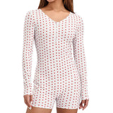Women Floral Print Short Romper Spring Autumn Clothes V Neck Button-Down Long Sleeve Tight Jumpsuit Female Clothing-Outfit