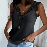 Women Elegant Sleeveless Tops Lace Splicing V-Neck Tank Top Summer 2021 Casual Womens Solid Color Blouse Shirts Plus