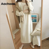 Women Autumn Loose Long Dresses 2021 Solid O Neck Knitted Sweater Dress Female Long Sleeve Casual Dress Robe