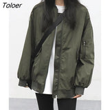 Oversized Army Green Bomber Jacket Women Harajuku Long Sleevd Zipper Up Coats Woman Round Neck Loose Autumn Coats