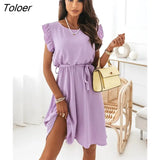 Elegant Ruffle Party Dress Women Casual O-Neck Sleeveless Lace-up Dresses 2022 Office Lady Fashion White Pink Dress