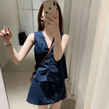 Kong Style Retro Thin Temperament New Vest Solid Color Simple And Irregular Fashion Shorts Two-Piece Suit