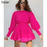 Lantern Sleeve Vintage Dress Long Sleeve O-Neck Casual Women Ruffle Dress Short Mini Pleated A-Line Frill Dress
