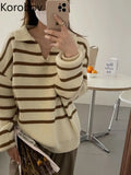 Korean Fashion Simple Loose Knitted Tops Lazy Style Age Reduction Contrasting Colors Sweater Women Stripe Long