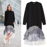 TWOTWINSTYLE 2020 Women Long Sleeve T Shirt Midi Dress Patchwork Stripe Mesh Ruffle Flare Asymmetrical Hem Pullover