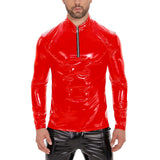 Toloer Men's PU Mirror Bright Leather Long Sleeve Casual Leather Jacket Slim Zipper Standing Collar T-Shirt Smell Free-Outfit