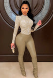 Winter Sexy Apricot Beaded Faux U Leather Patch Long Sleeve Ruched