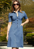 Turn-down Collar Short Sleeves Solid Button Midi A-line Casual