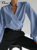 Elegant Blouse 2022 Summer Tunic Women Sexy V Neck Long Lantern Sleeve Shirts Solid Casual Irregular Hem Top Blusas