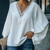 Lantern Sleeve V Neck Solid Women Blouse Lace Patchwork Oversize Female Blouses 2021 Spring Casual Ladies Top