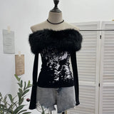 Real Shot Of The Long-Sleeved Long-Sleeved Shoulder-Clothed T-Shirt And Sweet And Spicy Niche Short Thin Velvet Bottom