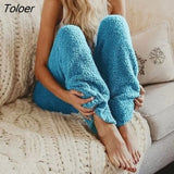 Women Solid Fleece Warm Sleep Pants Winter Casual Plus Size Long Pajamas Home Pants Femme Loose Thick Trousers