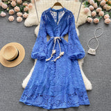 Vintage Hollow Out Lace Long Dress Women Elegant V-Neck Single Breasted Puff Sleeve High Waist Blue/Beige/Black Maxi Robe