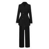 Temperament Black Two Piece Set For Women Notched Long Sleeve Sashes Blazer High Waist Wide Leg Pants Female