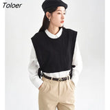 Women Vest 2023 Spring Sleeveless O Neck Loose Tees Side Strap Black Casual All-match Streetwear Short