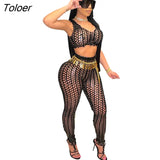 Fishnet Hollow Out Sparkly Crop Tops and Pants Tracksuit Large Size Summer Women Clothing Clubwear Two Piece Set