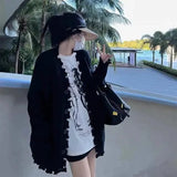 Autumn And Winter New Korean Version Broken Edge Design Sense Sweater Jacket Women's Casual Loose V-Neck Knitted Cardigan Blouse-Outfit