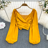 Fashion V-Neck Folded Collared Collared Collared Long-Sleeved Sleeve Cover Female Chic Short-Term Navel