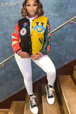 Fall Winter Print Patchwork Yellow Jackets For Women 2023 Long Sleeve Varsity Jacket Buttons Loose Baseball Jacket