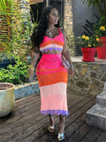 Summer Sexy Beach 2 Two Piece Sets For Women Outfits Sleeveless Backless Crop Top Maxi Skirts Patchwork Matching Sets