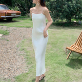 2022 Summer Women Satin Slip Dress Spaghetti Strap Long Silk Dress Sexy Pleated Party