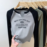 Shoulder V-Collar T-Shirt Women's Long-Sleeved Spring And Autumn Decoration With Threaded Bottomed Shirt And Short High-Waist Chic Blouse-Outfit