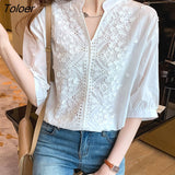 Embroidery Women Blouse Tops V-neck Short Sleeve White Shirt Woman Applique Vintage Cotton Female Blouses Blusas