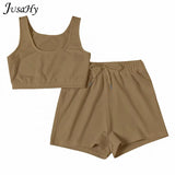 Casual Stretch Solid Two Piece Sets Women 2021 Crop Top and Drawstring Shorts Matching Set Sportswear