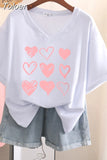 100% Cotton L-6XL T Shirt Plus Size Tshirt Short Sleeve Women Top Summer Heart Print Sweet V Neck Oversized T