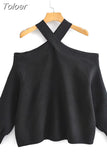 Women Autumn Fashion Young Solid Off-Shoulder Loose Sweaters Knitwear Street Style Long-Sleeve Knitted Pullovers Chic