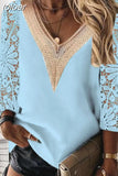 V-neck Stitching Hollow Lace Shirt Women Long Sleeve Chiffon Pullover Blouse Women Casual Lady Slim Tops Elegant