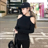 Crop Tops Fashion Hooded Casual Tshirts Women Clothing Long Sleeve Gothic Tees Korean Off Shoulder Sexy Y2k T Shirt-Outfit