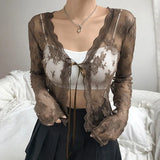 Sweetown 2000s Kawaii New Lace Cardigan Tops Women See Through Sexy Mesh T-Shirt Tie V Neck Long Sleeve Cute Aesthetic Tee