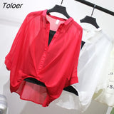 Two Piece Chiffon Shirt Women Summer Half Sleeve Loose V-Neck Casual Blouse Women Sexy Loose Striped Shirts Tops