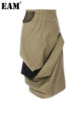 High Waist Khaki Irregular Pleated Long Color-block Half-body Skirt Women Fashion Tide New Spring Autumn 2023