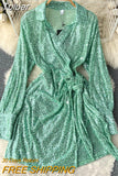 Sexy Sequins Glitter Mini Party Dress for Women Fashion Spring Solid V-neck Long Lace-up Sash A-line Short Club