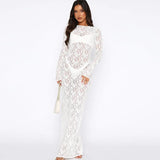 Toloer Women's Wear 2024 New Pure Color Lace Perspective Long Sleeve Long Dress Children Vacation-Outfit