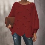 Loose Knitted Sweater Casual Oversized Soft Lantern Sleeve Hollow Out Pullover Fashion O-Neck Solid Female Sweaters