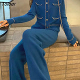 Elegant Knitted Two Piece Pant Sets Women New Autumn Winter Long Sleeve Cardigan Wide Leg Pants Fashion Stylish Pant
