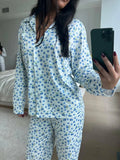 Women's Y2K 2Pcs Heart/Floral Print Pajamas Set Long Sleeve Lapel Button Up Shirt Tops+Sleepwear Pants Pjs Loungewear-Outfit